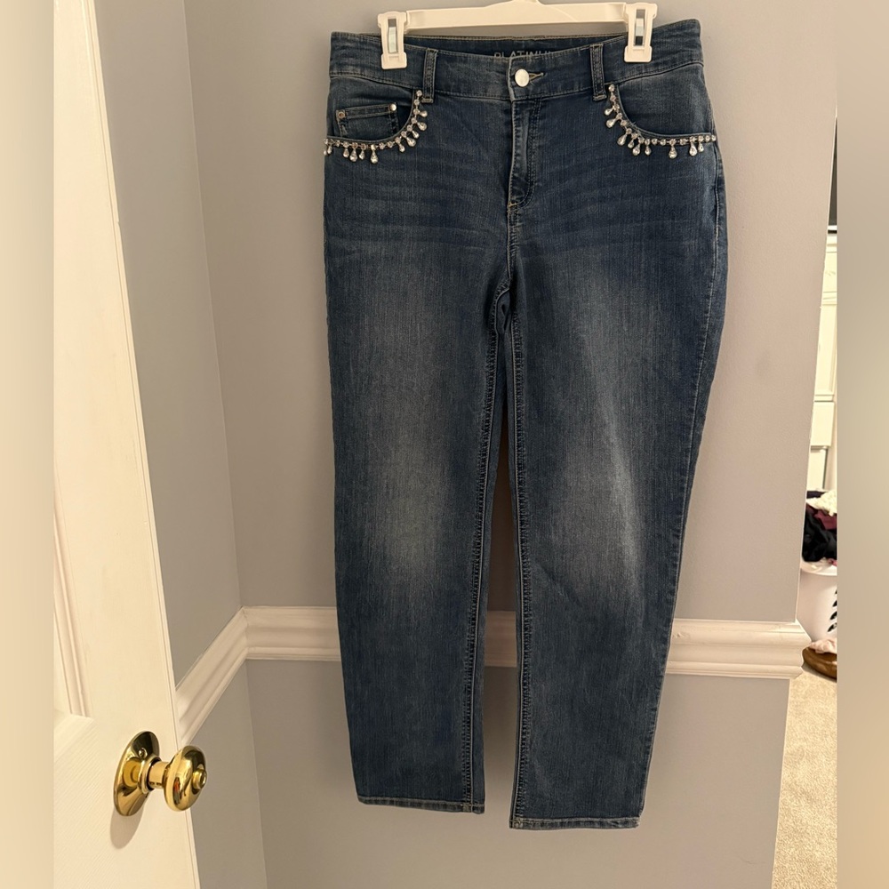 Platinum Chico’s Ankle Denim Jeans with Bedazzled Pocket Details